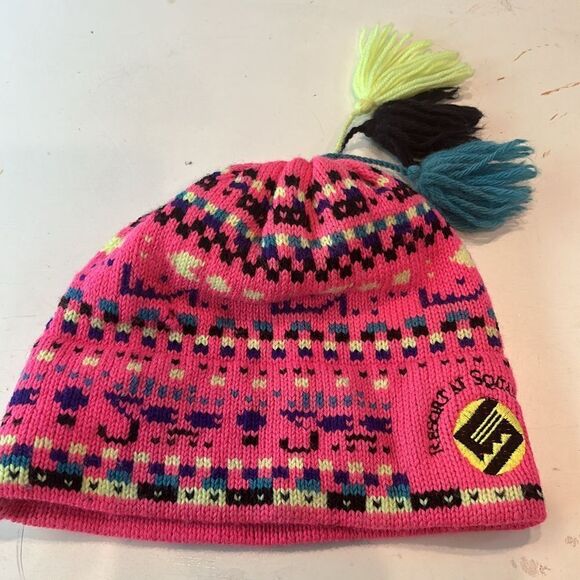 Vintage pink and yellow wool beanie with three tassels from squaw Creek - Picture 2 of 5